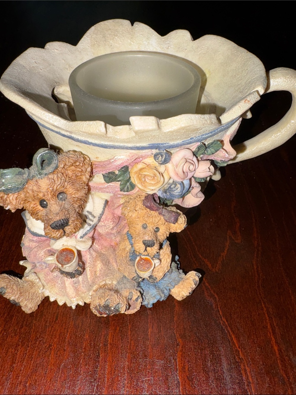 Boyds Bears Cream Floral Teacup Teddy Bear Votive Holder